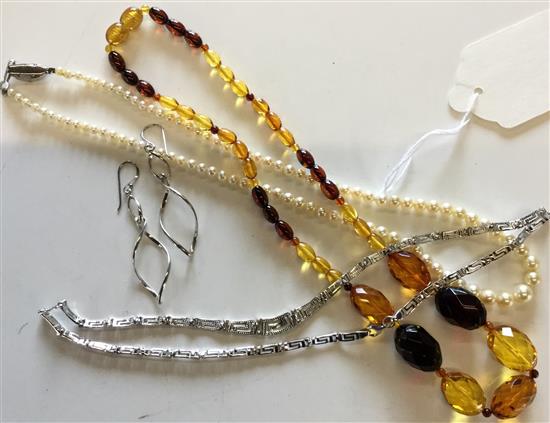 Single row graduated pearl necklace with marcasite clasp, silver necklace & chains, pair amber drop earrings, etc